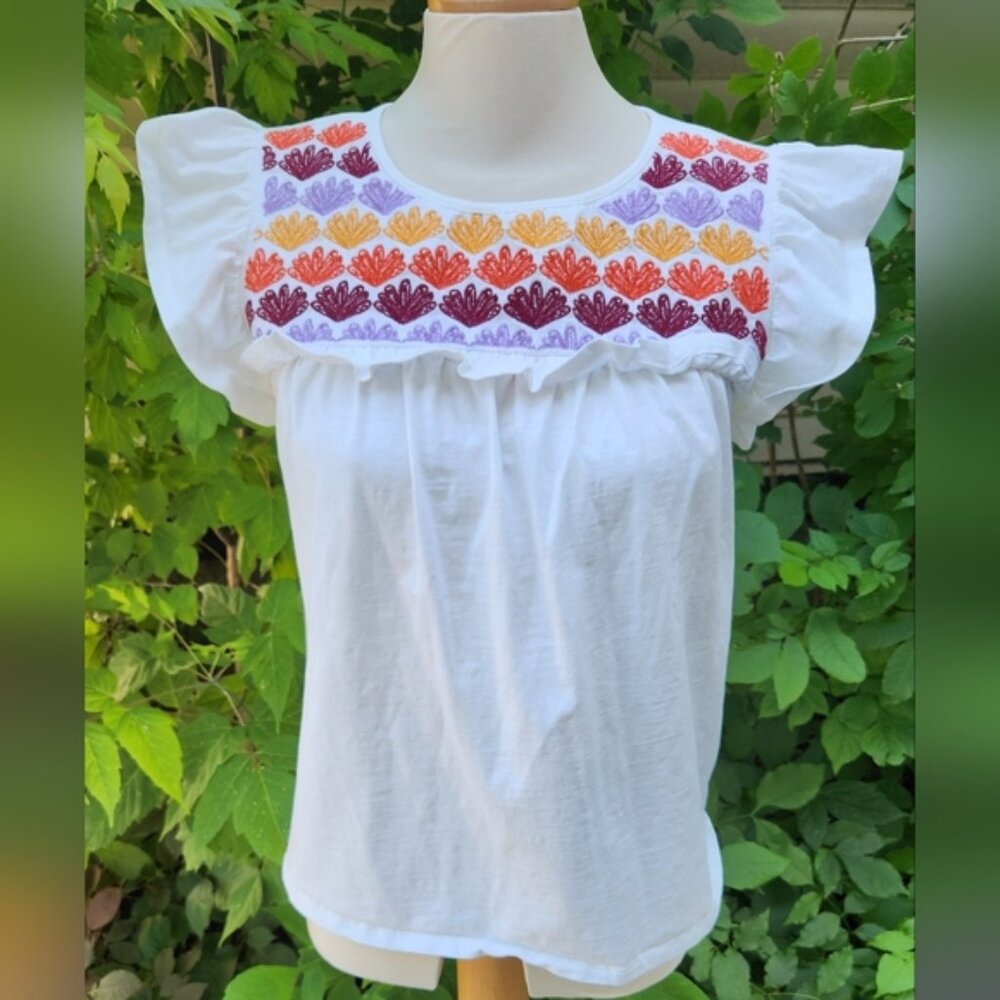 Thml Embroidered White Top with Multicolor Accents Cotton